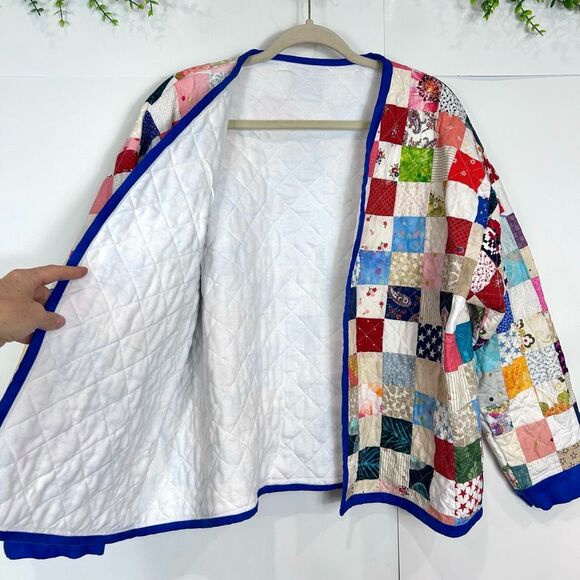 Handamde Jacket Womens Large Colorful Patchwork Quilted Open Front Rainbow - Picture 13 of 16